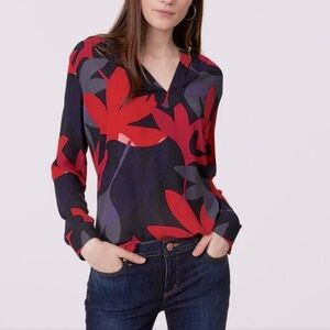 LOFT V-Neck Floral Abstact Tunic Multicolor Top Women’s M EUC